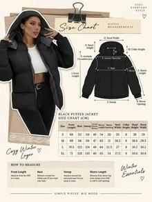 EURMUSE Hooded Zipper Detailed Contrast Rib Cuff Quilted Women's Casual Streetwear Puffer Down Jacket Everyday Travel Black Winter - Black - View 8