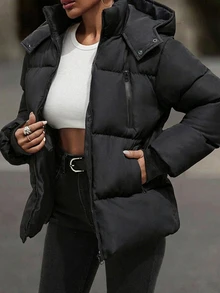 EURMUSE Hooded Zipper Detailed Contrast Rib Cuff Quilted Women's Casual Streetwear Puffer Down Jacket Everyday Travel Black Winter - Black - View 1