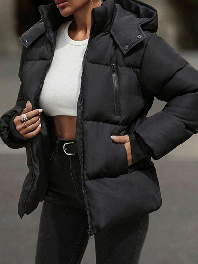 EURMUSE Hooded Zipper Detailed Contrast Rib Cuff Quilted Women's Casual Puffer Down Jacket