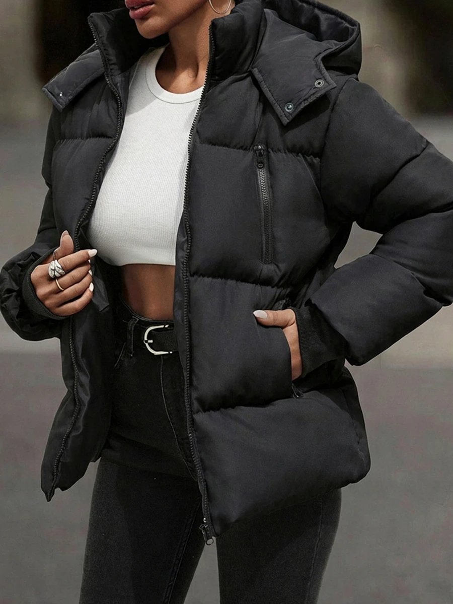EURMUSE Hooded Zipper Detailed Contrast Rib Cuff Quilted Women's Casual Streetwear Puffer Down Jacket Everyday Travel Black Winter - Black - View 1