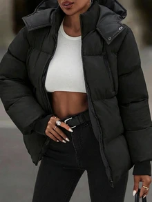 EURMUSE Hooded Zipper Detailed Contrast Rib Cuff Quilted Women's Casual Streetwear Puffer Down Jacket Everyday Travel Black Winter - Black - View 5