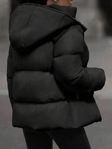 EURMUSE Hooded Zipper Detailed Contrast Rib Cuff Quilted Women's Casual Streetwear Puffer Down Jacket Everyday Travel Black Winter - Black - View 2