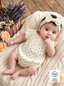 SHEIN 新生女嬰連身衣與髮帶2件組，白底黑波點，女嬰拍照穿搭套裝 - 米色 - 查看 6