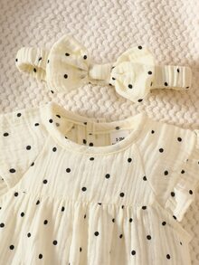 SHEIN 新生女嬰連身衣與髮帶2件組，白底黑波點，女嬰拍照穿搭套裝 - 米色 - 查看 7