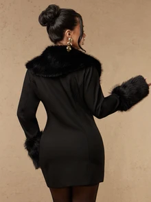 Silquee Women's Elegant Fuzzy Patchwork Double-Breasted Blazer - Black - View 3