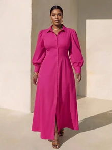 Veslaya 優雅腮紅粉洋紅色洋紅女款大尺碼秋季正式早午餐派對洋裝，長袖生日新品 秋冬 Najma Long - 玫紅色 - 查看 1