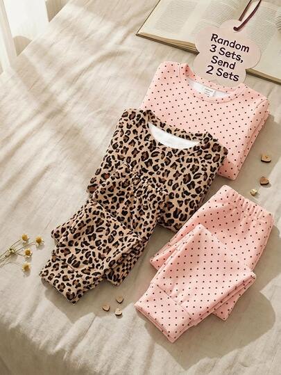 Cute Leopard Print, Polka Dot Pattern, Baby Girl Casual Minimalist Slim Fit Round Neck Long Sleeve Pants Loungewear Set 4pcs, Suitable For Autumn/Winter, Snug Fit, Autumn & Winter Loungewear Set, 2 Random Of 3, Casual Wear Tight Fit