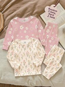 SHEIN LMoss Kids 可愛甜美波希米亞風花卉與雛菊印花 森系女嬰休閒簡約修身圓領長袖褲裝家居服套裝 4件組，適合秋冬，新款貼身版型 - 彩色 - 查看 6