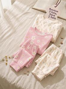 SHEIN LMoss Kids 可愛甜美波希米亞風花卉與雛菊印花 森系女嬰休閒簡約修身圓領長袖褲裝家居服套裝 4件組，適合秋冬，新款貼身版型 - 彩色 - 查看 1