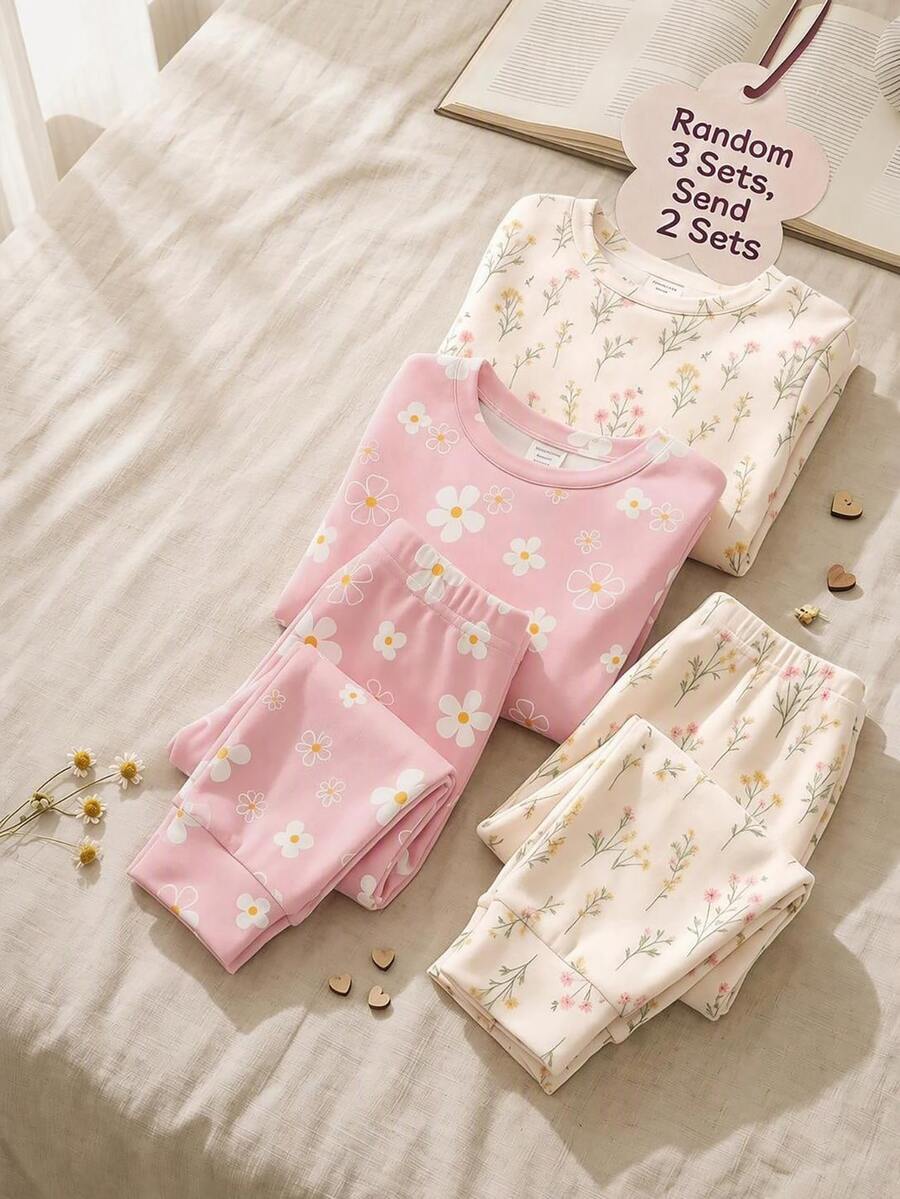 SHEIN LMoss Kids 可愛甜美波希米亞風花卉與雛菊印花 森系女嬰休閒簡約修身圓領長袖褲裝家居服套裝 4件組,適合秋冬,新款貼身版型 - 彩色 - 查看 1