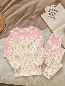 SHEIN LMoss Kids 可愛甜美波希米亞風花卉與雛菊印花 森系女嬰休閒簡約修身圓領長袖褲裝家居服套裝 4件組，適合秋冬，新款貼身版型 - 彩色 - 查看 2