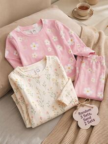 SHEIN LMoss Kids 可愛甜美波希米亞風花卉與雛菊印花 森系女嬰休閒簡約修身圓領長袖褲裝家居服套裝 4件組，適合秋冬，新款貼身版型 - 彩色 - 查看 4