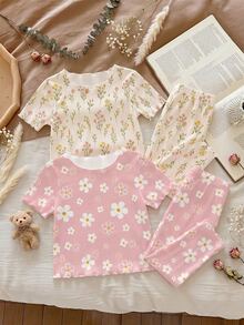 SHEIN 2 conjuntos aleatorios de 3 de ropa de casa para niñas pequeñas, bonitos y dulces, con estampado floral de margaritas bohemias en blanco y rosa, estilo Mori con volantes y contraste de color para vacaciones de verano - Multicolor - Ver 7