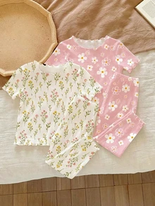 SHEIN 2 conjuntos aleatorios de 3 de ropa de casa para niñas pequeñas, bonitos y dulces, con estampado floral de margaritas bohemias en blanco y rosa, estilo Mori con volantes y contraste de color para vacaciones de verano - Multicolor - Ver 3