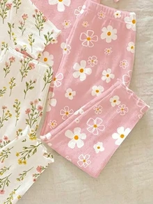 SHEIN 2 conjuntos aleatorios de 3 de ropa de casa para niñas pequeñas, bonitos y dulces, con estampado floral de margaritas bohemias en blanco y rosa, estilo Mori con volantes y contraste de color para vacaciones de verano - Multicolor - Ver 6