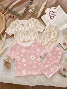 SHEIN 2 conjuntos aleatorios de 3 de ropa de casa para niñas pequeñas, bonitos y dulces, con estampado floral de margaritas bohemias en blanco y rosa, estilo Mori con volantes y contraste de color para vacaciones de verano - Multicolor - Ver 1