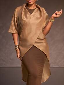 Veslaya Women's Plus Size Brown Abstract Print Organza Sheer Cardigan Autumn Elegant Formal Cocktail Wedding Guest Long Sleeve Ruffle Collar Dramatic Design - Brown - View 6