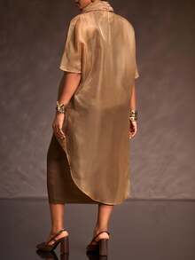 Veslaya Women's Plus Size Brown Abstract Print Organza Sheer Cardigan Autumn Elegant Formal Cocktail Wedding Guest Long Sleeve Ruffle Collar Dramatic Design - Brown - View 5