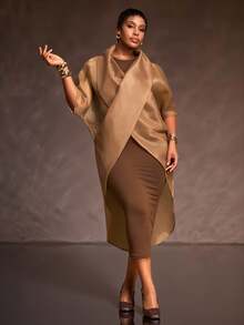 Veslaya Women's Plus Size Brown Abstract Print Organza Sheer Cardigan Autumn Elegant Formal Cocktail Wedding Guest Long Sleeve Ruffle Collar Dramatic Design - Brown - View 8