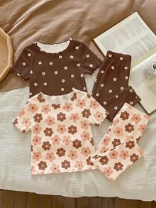 2 Random Of 3 Cute Baby Girls Ditsy Floral Casual Sets,Brown Summer Holiday Ruffle Trim Contrast Color Homewear Outfits,Bohemian Graphic Daily Wear - Multicolor - View 1