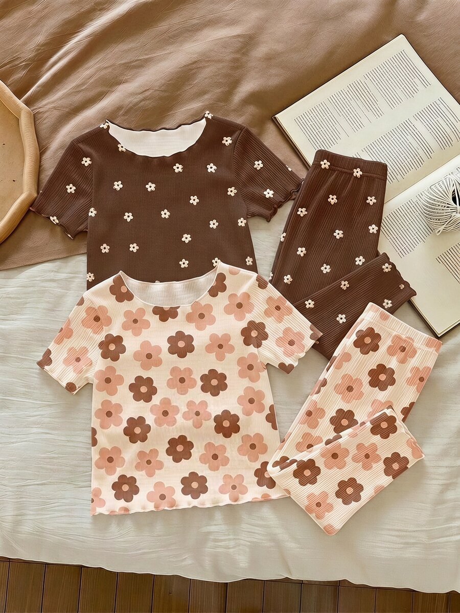 2 Random Of 3 Cute Baby Girls Ditsy Floral Casual Sets,Brown Summer Holiday Ruffle Trim Contrast Color Homewear Outfits,Bohemian Graphic Daily Wear - Multicolor - View 1