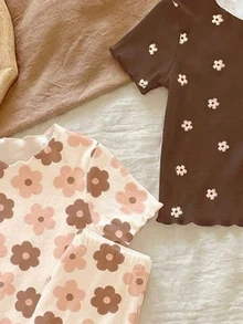 2 Random Of 3 Cute Baby Girls Ditsy Floral Casual Sets,Brown Summer Holiday Ruffle Trim Contrast Color Homewear Outfits,Bohemian Graphic Daily Wear - Multicolor - View 6