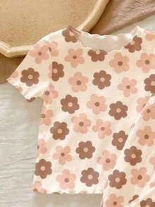 2 Random Of 3 Cute Baby Girls Ditsy Floral Casual Sets,Brown Summer Holiday Ruffle Trim Contrast Color Homewear Outfits,Bohemian Graphic Daily Wear - Multicolor - View 4