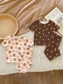 2 Random Of 3 Cute Baby Girls Ditsy Floral Casual Sets,Brown Summer Holiday Ruffle Trim Contrast Color Homewear Outfits,Bohemian Graphic Daily Wear - Multicolor - View 5