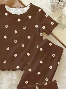 2 Random Of 3 Cute Baby Girls Ditsy Floral Casual Sets,Brown Summer Holiday Ruffle Trim Contrast Color Homewear Outfits,Bohemian Graphic Daily Wear - Multicolor - View 7