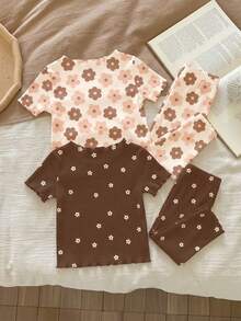 2 Random Of 3 Cute Baby Girls Ditsy Floral Casual Sets,Brown Summer Holiday Ruffle Trim Contrast Color Homewear Outfits,Bohemian Graphic Daily Wear - Multicolor - View 2