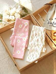 Young Girls Bohemian Floral Series, Young Girl Casual Simple Long Leggings Suitable For Autumn/Winter Daily Wear, Random 2pcs/Set - Multicolor - View 3
