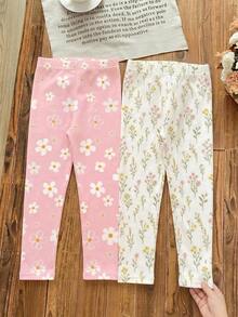 Young Girls Bohemian Floral Series, Young Girl Casual Simple Long Leggings Suitable For Autumn/Winter Daily Wear, Random 2pcs/Set - Multicolor - View 2