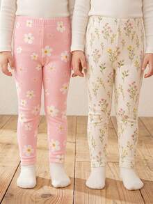 Young Girls Bohemian Floral Series, Young Girl Casual Simple Long Leggings Suitable For Autumn/Winter Daily Wear, Random 2pcs/Set - Multicolor - View 1