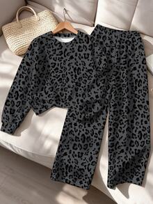 SHEIN Tween Girls Leopard Print Sweatshirt & Wide Leg Pants Set, Dark Grey, Sporty Casual (2 Pcs) Fall Winter - Multicolor - View 5