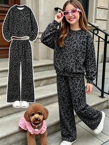 SHEIN Tween Girls Leopard Print Sweatshirt & Wide Leg Pants Set, Dark Grey, Sporty Casual (2 Pcs) Fall Winter - Multicolor - View 4
