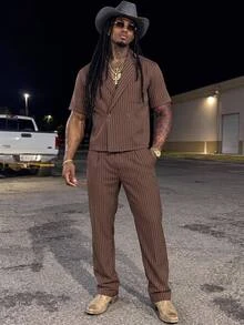 GETOML Men's Brown Striped D Pin Oversized 90s Retro Shirt Wide Leg Pants 2 Pieces Set Streetwear Vacation Summer Linen Casual Date Night Holiday Rave - Brown - View 3