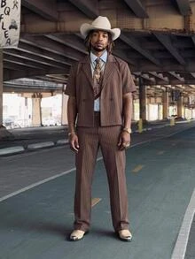 GETOML Men's Brown Striped D Pin Oversized 90s Retro Shirt Wide Leg Pants 2 Pieces Set Streetwear Vacation Summer Linen Casual Date Night Holiday Rave - Brown - View 4