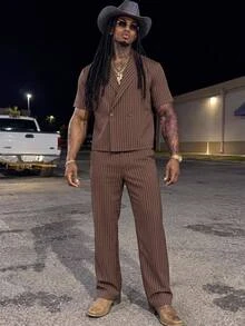 GETOML Men's Brown Striped D Pin Oversized 90s Retro Shirt Wide Leg Pants 2 Pieces Set Streetwear Vacation Summer Linen Casual Date Night Holiday Rave - Brown - View 2
