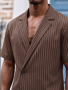 GETOML Men's Brown Striped D Pin Oversized 90s Retro Shirt Wide Leg Pants 2 Pieces Set Streetwear Vacation Summer Linen Casual Date Night Holiday Rave - Brown - View 9