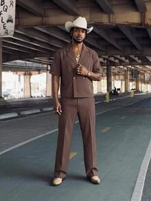 GETOML Men's Brown Striped D Pin Oversized 90s Retro Shirt Wide Leg Pants 2 Pieces Set Streetwear Vacation Summer Linen Casual Date Night Holiday Rave - Brown - View 1