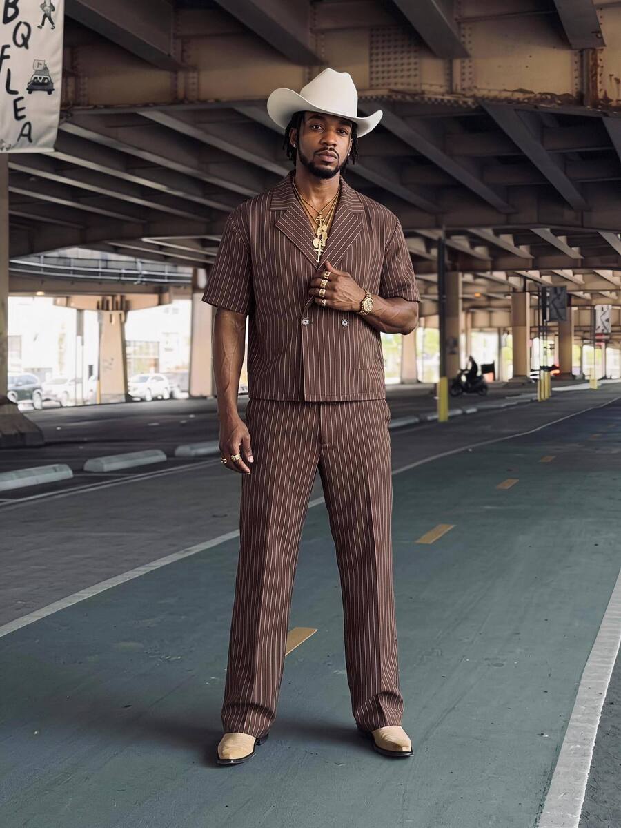 GETOML Men's Brown Striped D Pin Oversized 90s Retro Shirt Wide Leg Pants 2 Pieces Set Streetwear Vacation Summer Linen Casual Date Night Holiday Rave - Brown - View 1