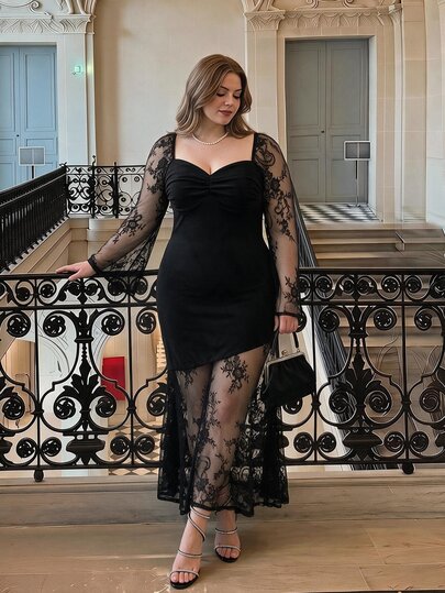 SHEIN MOD Vestido elegante de encaje con patchwork para mujer de talla grande, adecuado para fiestas, vuelta al colegio, graduación, cumpleaños, reuniones y otras ocasiones