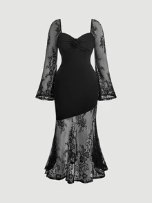 SHEIN MOD Plus Size Women's Elegant Lace Patchwork Dress, Suitable For Parties, Back To School, Graduation, Birthday, Gatherings And Other Occasions - Black - View 3