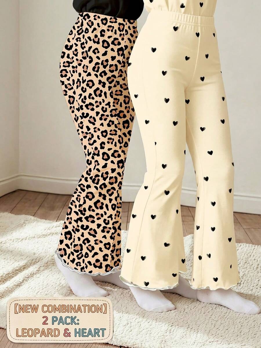 Young Girls RANDOM 4pcs PACK 2 Packs, Vintage Sweet Cute Mini Heart Leopard Print Floral Print, Girls Flare Pants 2 Pieces Set For Outdoor, Outing
