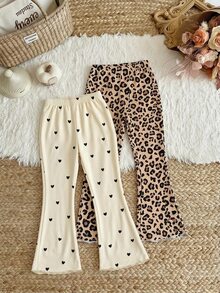 Young Girls RANDOM 4pcs PACK 2 Packs, Vintage Sweet Cute Mini Heart Leopard Print Floral Print, Girls Flare Pants 2 Pieces Set For Outdoor, Outing - Multicolor - View 3