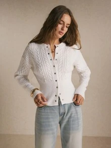 Poéselle Women's White Cable-Knit Cardigan–Slim-Fit Crew-Neck Button-Front Sweater With Long Sleeves And Flattering Ribbed Waist Christmas New Year Fall/Winter - Beige - View 8