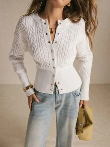 Poéselle Women's White Cable-Knit Cardigan–Slim-Fit Crew-Neck Button-Front Sweater With Long Sleeves And Flattering Ribbed Waist Christmas New Year Fall/Winter - Beige - View 7
