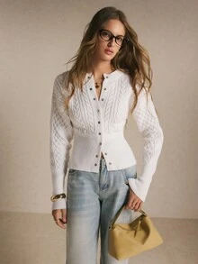 Poéselle Women's White Cable-Knit Cardigan–Slim-Fit Crew-Neck Button-Front Sweater With Long Sleeves And Flattering Ribbed Waist Christmas New Year Fall/Winter - Beige - View 5