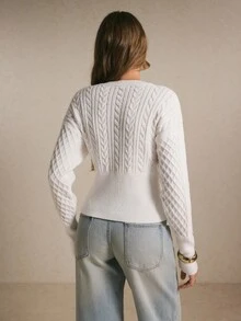 Poéselle Women's White Cable-Knit Cardigan–Slim-Fit Crew-Neck Button-Front Sweater With Long Sleeves And Flattering Ribbed Waist Christmas New Year Fall/Winter - Beige - View 6