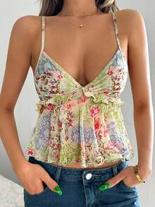 SHEIN ICON Summer Fashionable Mesh Floral Print Camisole - Multicolor - View 6